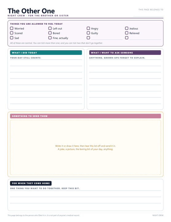 The sibling page: a list of feelings a child is allowed to have, space for their own day, and a tear-off section to send in.